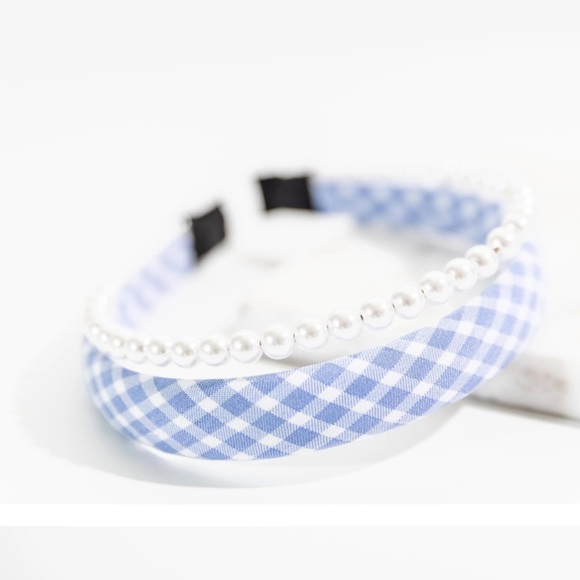 Brand new! JessaKae headband, double w/blue and white checkered print and pearls - Picture 1 of 3